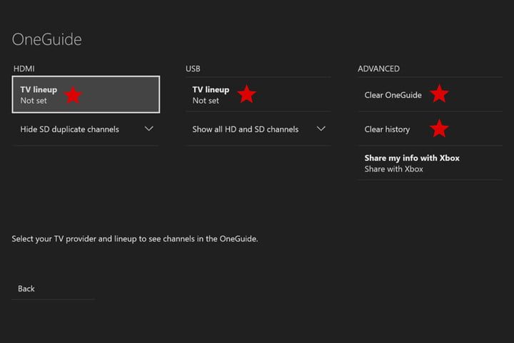 Pantalla de configuracion de OneGuide de Xbox