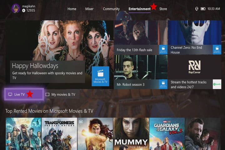 Pantalla principal de Live TV de Xbox mostrando cartelera con varias peliculas
