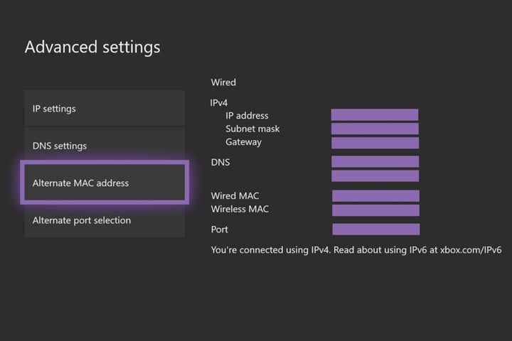 Pantalla de configuracion de MAC address en Xbox