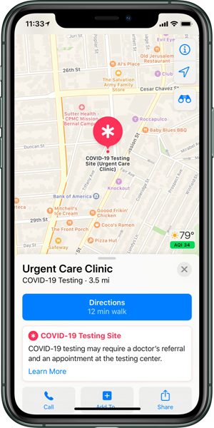 Centros de pruebas de COVID-19 en Apple Maps