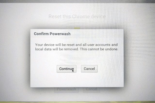 Pantalla de confirmación de Powerwash en ChromeOS
