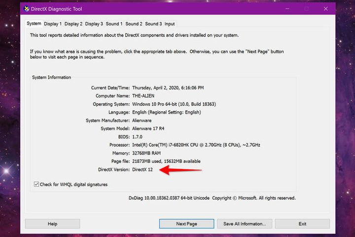 Pantalla de información de DirectX