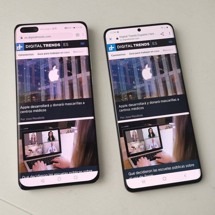 Comparativa de las pantallas de los teléfonos Huawei P40 Pro y Samsung Galaxy S20 Plus