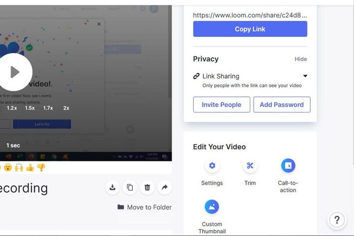 Menu editar y compartir de Loom