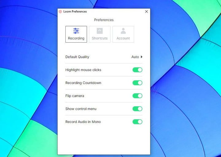 Menu de grabación de Loom