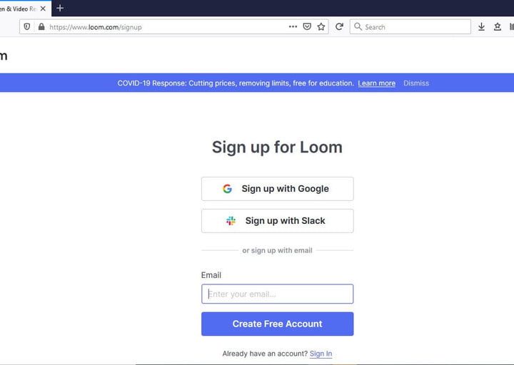 Página de registro de Loom