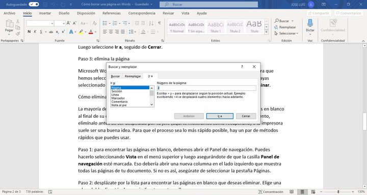 Ventana de menu Ir a de Microsoft Word, aprendiendo a cómo borrar una página en Words