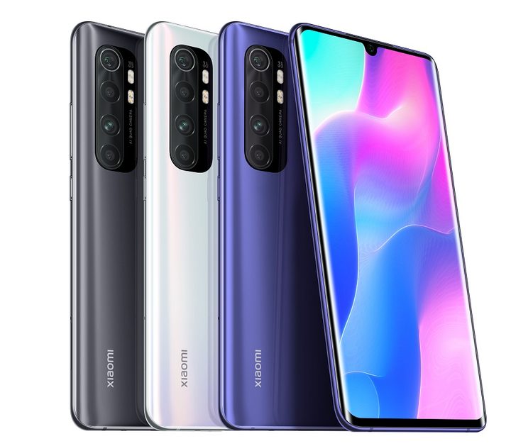 Tres teléfonos Mi Note 10 lite, en gris, blanco y azul