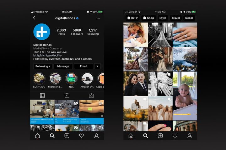 Captura de pantalla de la cuenta de Digital Trends en Instagran con el modo oscuro activado.