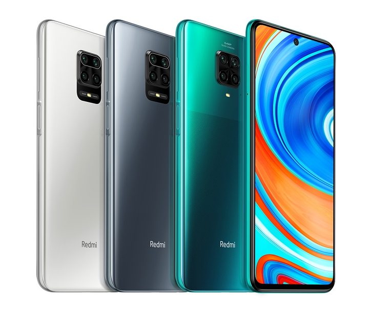 Tres teléfonos Xiaomi redmi note 9 pro, de color verde, gris y blanco