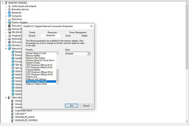 Administrador de dispositivos en Windows 10 para configurar WoL