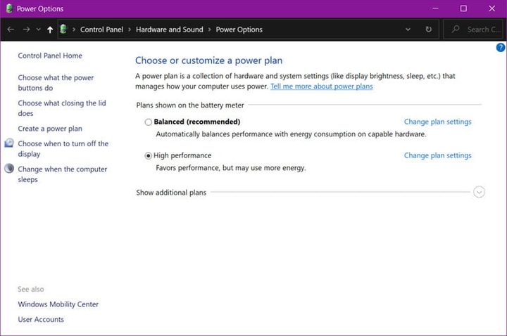 Pantalla de configuración de energía en Windows 10