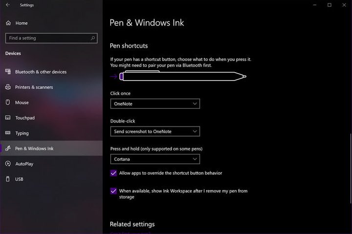 Pantalla de configuración de un Surface Pen en Windows en una Surface