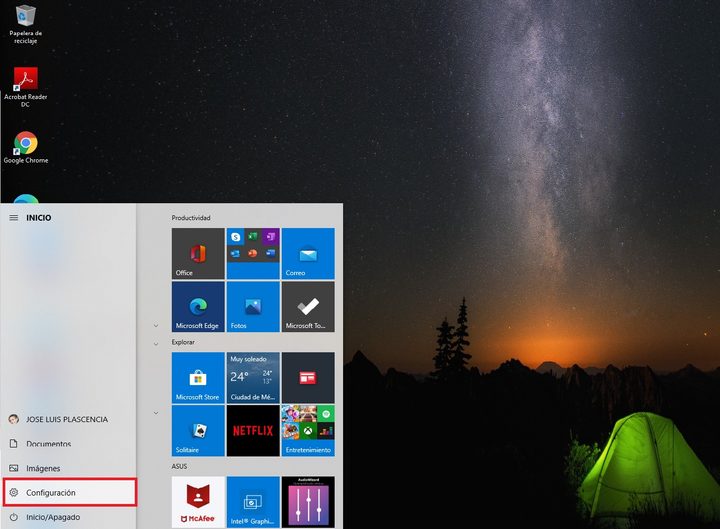 Acceso a Inicio Configuración para configurar una computadora nueva con Windows 10