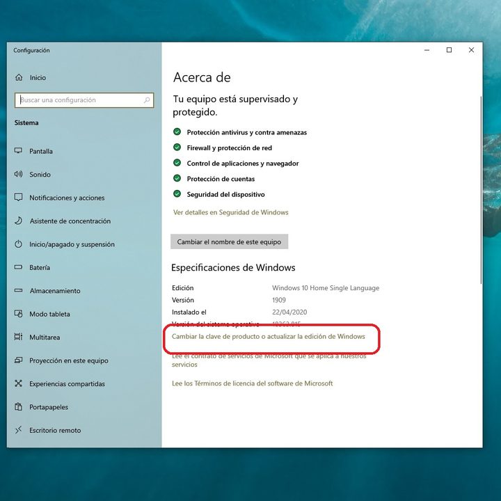 Pantalla de configuración Acerca de Especificaciones de Windows para actualizar Windows 10 Home a Pro