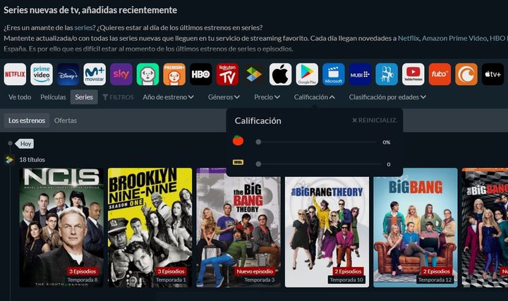 Captura de la app JustWatch con los iconos de las plataformas de streaming y los resultados de búsqueda de películas