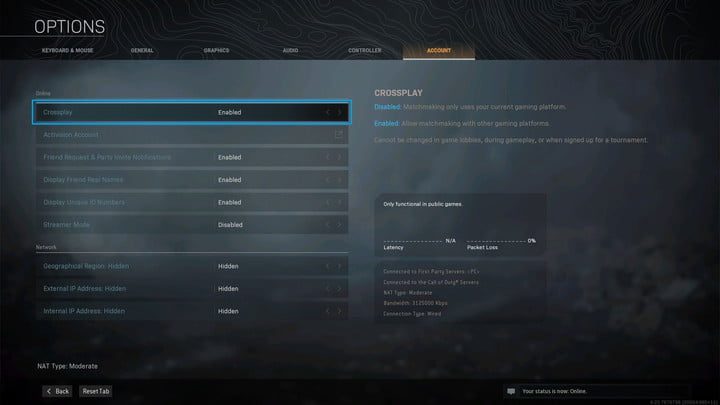 Pantalla para desactivar el modo multiplataforma en Call of Duty: Warzone