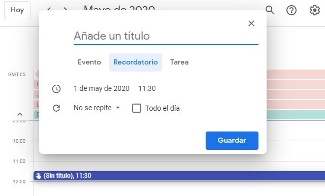 Interfaz de recordatorio en Calendar