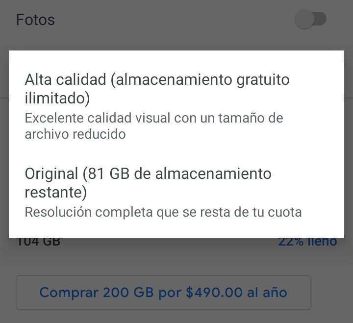 Copia de seguridad en Google Fotos