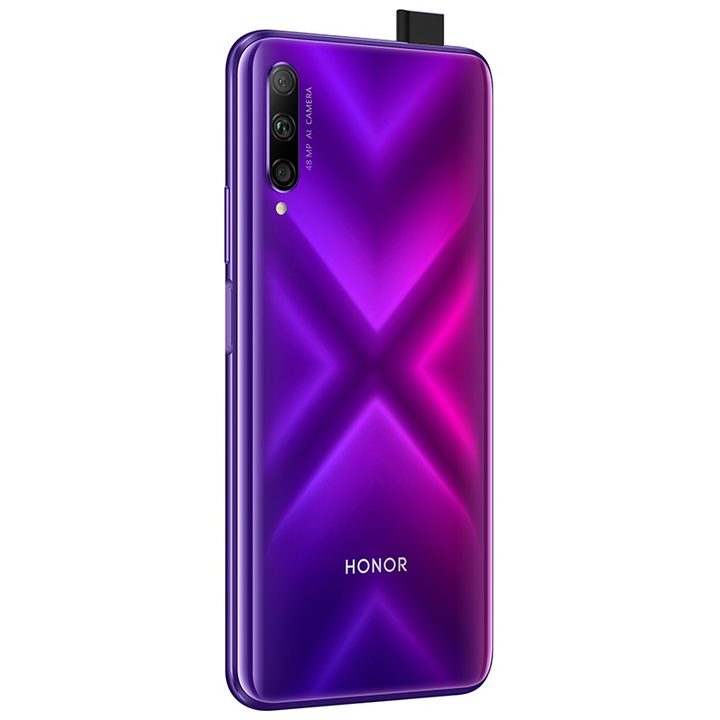 smartphone Honor 9x Pro de color morado con cámara emergente