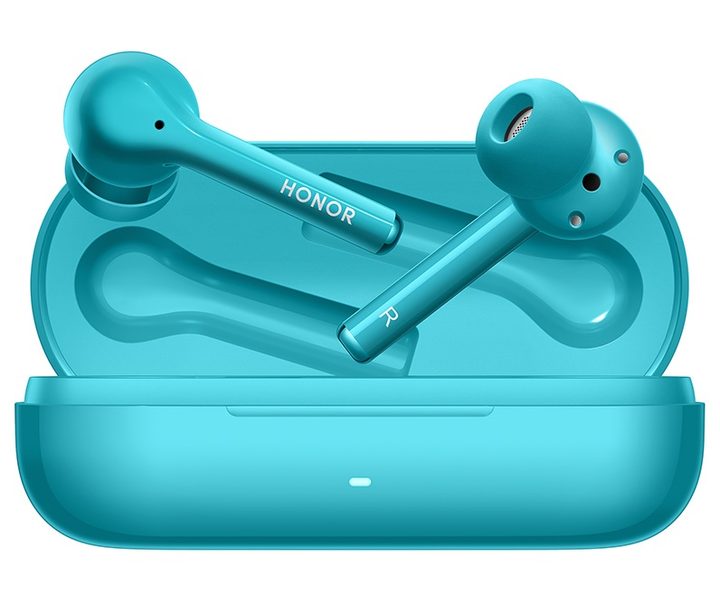 auriculares Honor Magic Earbuds azules con su estuche cargador