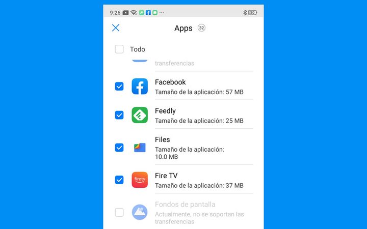 Selección de apps en Phone Clone, app de Huawei.