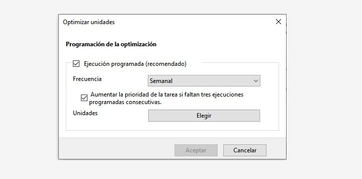 Pantalla de Optimizar unidades