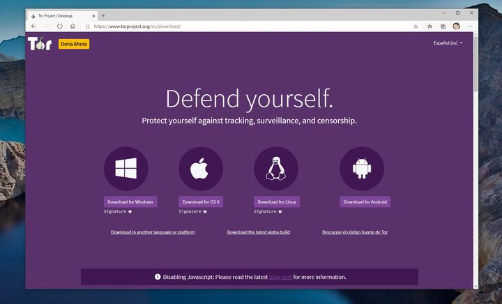 Pagina principal de TOR. Descargándolo para aprender cómo usar Tor