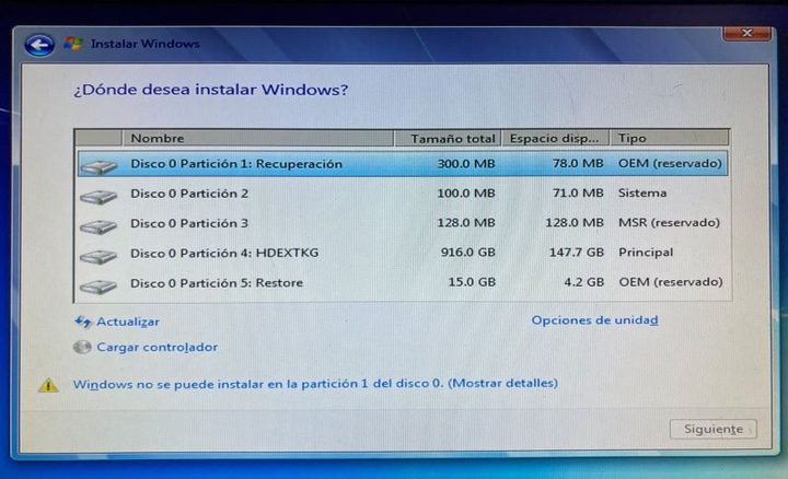 Particiones disponibles para instalar Windows 7