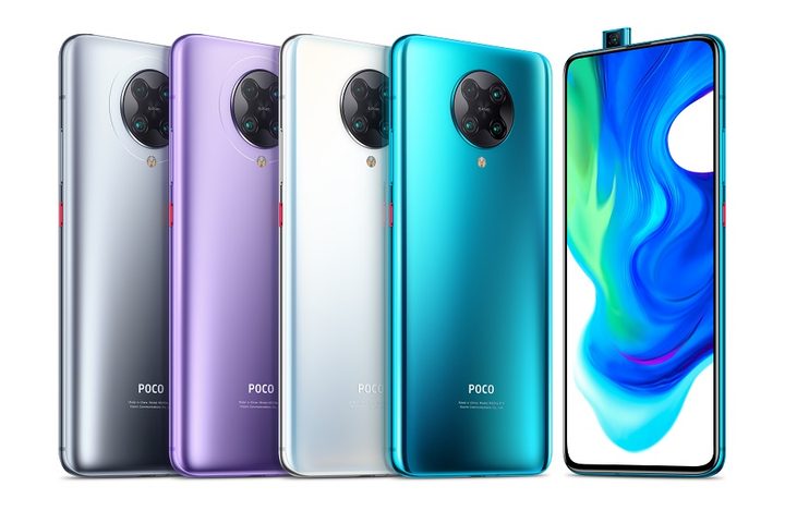 telefono Poco f2 pro en todos sus colores: morado claro, gris, blanco y azul