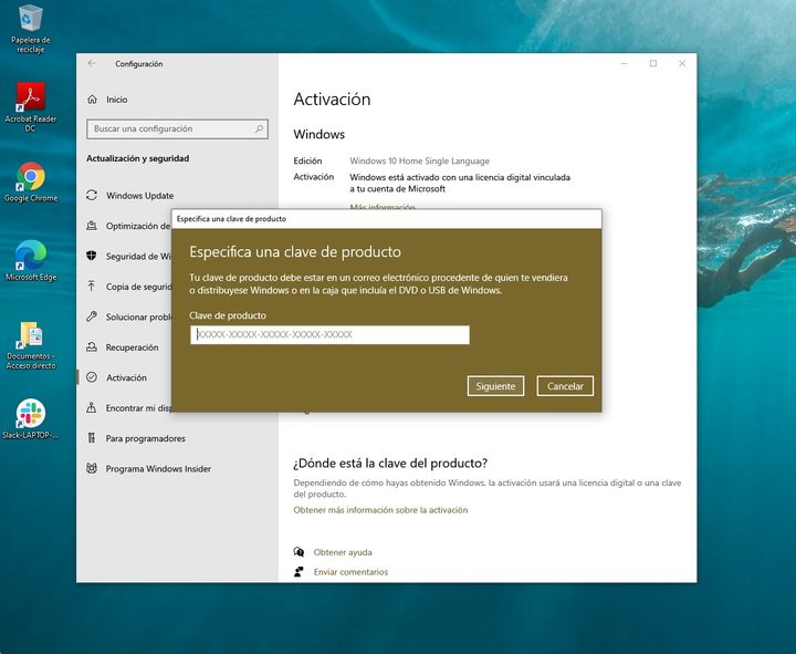 Pantalla de Proceso para Activar Windows