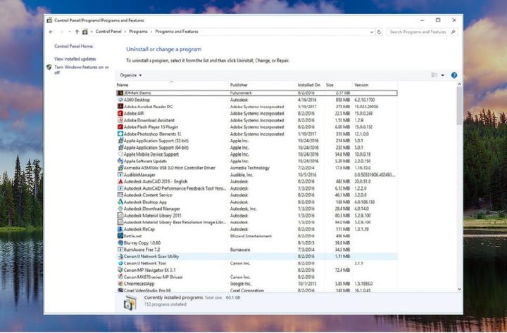 Programas y Características en Windows 10