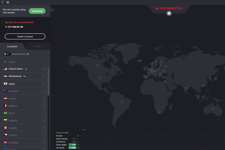 Pantalla de configuraci&oacute;n de ProtonVPN, mostrando un mapamundi con las opciones de servidores disponibles