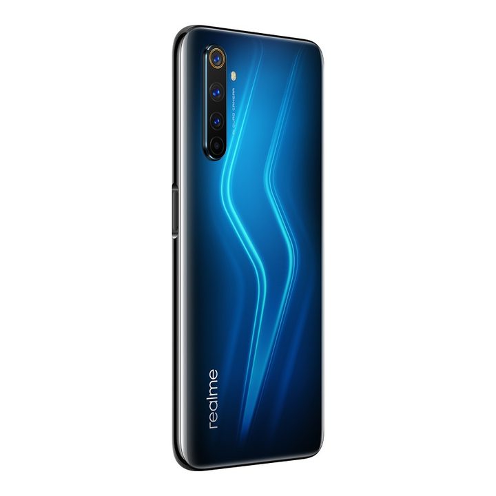 Teléfono Realme 6 Pro de color azul visto por detrás