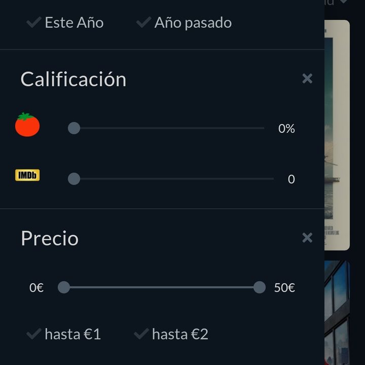captura de pantalla de los filtros de búsqueda de la app JustWatch