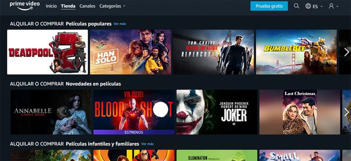 Interfaz principal de la Tienda de Prime Video