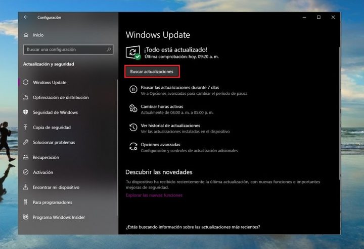 Pantalla de configuración para actualizar controladores en Windows 10