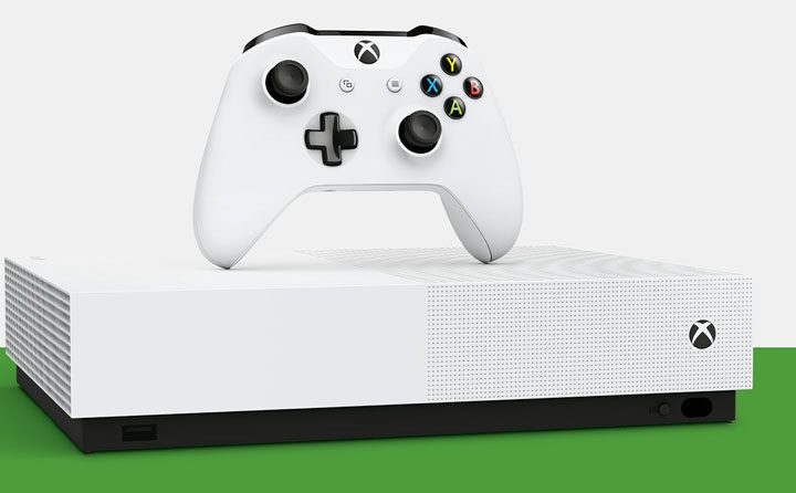 Xbox One S All-Digital Edition sobre fondo gris