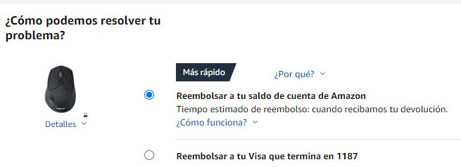 Interfaz para realizar una devolución en Amazon.