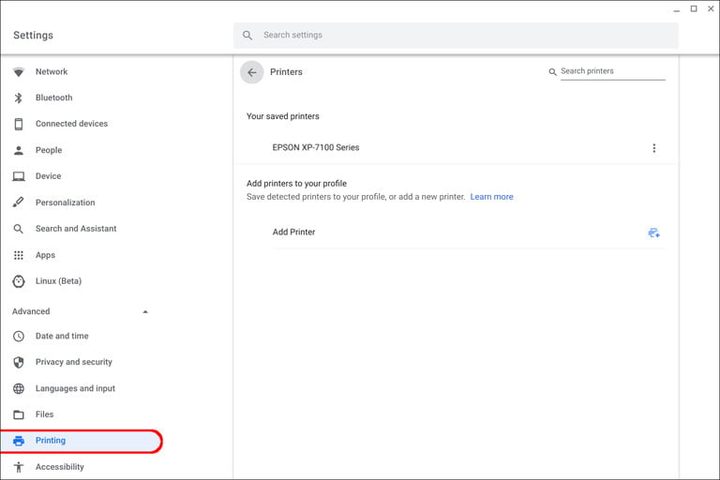Menú Impresoras en ChromeOs