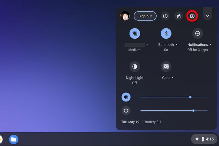 Menú Configuración paea aprender cómo imprimir desde Chromebook