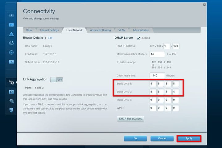 Interfaz de un router Linksys para hacer cambios de servidor DNS