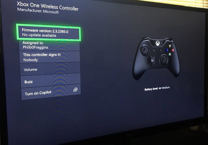 Pantalla para actualizar firmware de control remoto de Xbox