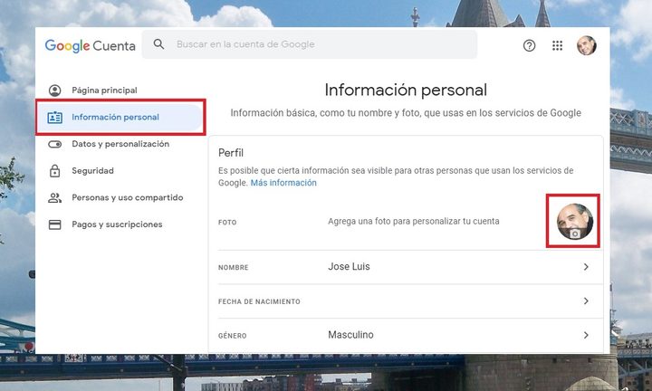 Menú de información personal en Gmail