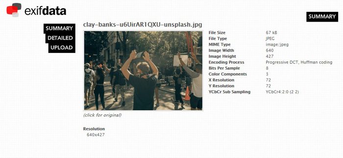 Ejemplo de metadatos en una fotografía.