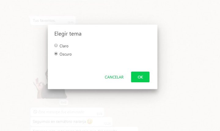 Selección del modo oscuro en WhatsApp Web