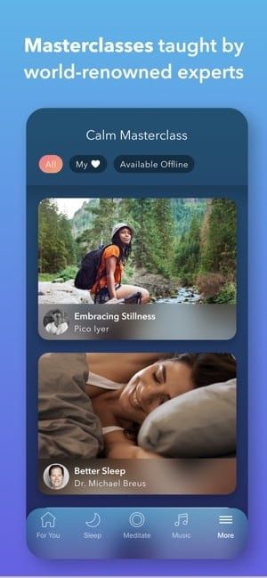 Captura de pantalla de la aplicación Calm que muestra clases magistrales.