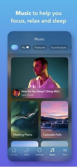 Captura de pantalla de la aplicación Calm que muestra la música que te ayuda a concentrarte, relajarte y dormir.