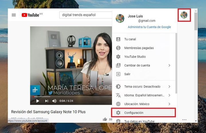 Menú de configuración para cambiar tu nombre en YouTube