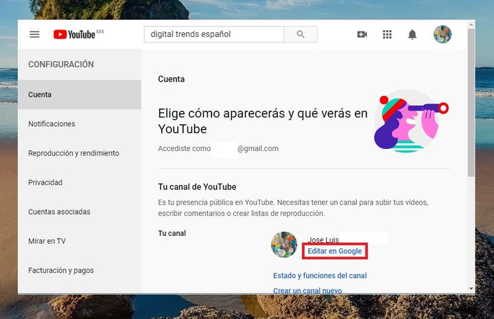 Menú de configuración para cambiar tu nombre en YouTube 2